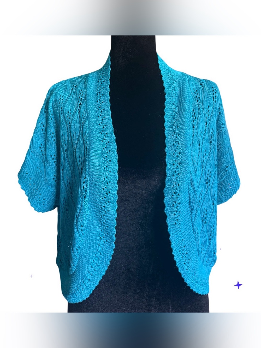 Open-Front Teal Knit Short-Sleeve Cardigan Sweater